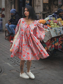 ODHANON - Blue Floral Printed Fit and Flare Midi Dress