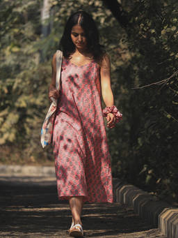ODHANON - Pink Hand Block Printed Midi Dress for Women