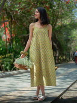 ODHANON - Green Hand Block Printed Midi Dress for Women