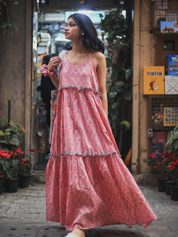 ODHANON - Pink Floral Printed Tiered Maxi Dress for Women