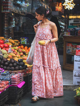 ODHANON - Peach Floral Printed Tiered Maxi Dress for Women