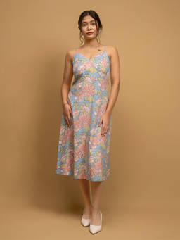 ODHANON - Blue Floral Printed A-Line Midi Dress for Women