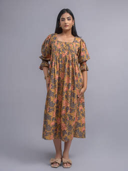 ODHANON - Mustard Floral Printed A-Line Midi Dress for Women