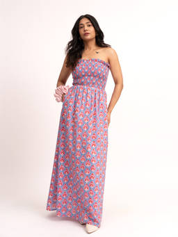 ODHANON - Blue Hand Block Print Fit and Flare Maxi Dress for Women