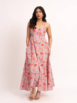 ODHANON - Blue Printed Fit and Flare Maxi Dress for Women