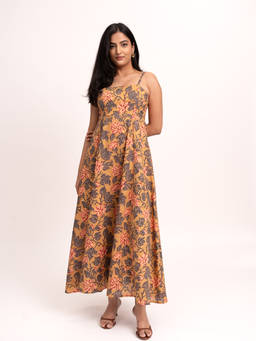 ODHANON - Mustard Printed Fit and Flare Maxi Dress for Women