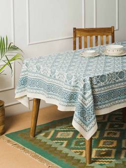 Fabindia - Blue Cotton Hand Block Printed Maahi Table Cover 6 Seater