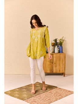Old Marigold - Areeba Yellow Muslin Hand Embroidered Short Chikankari Kurti