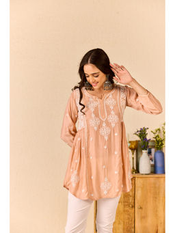 Old Marigold - Emaan Peach Muslin Hand Embroidered Short Chikankari Kurti