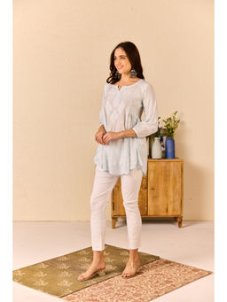 Old Marigold - Yusra Sea Blue Muslin Hand Embroidered Short Chikankari Kurti