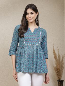Stylum - Women Turquoise Floral Printed Cotton Peplum Top
