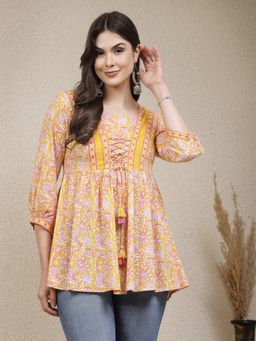 Stylum - Women Yellow Floral Printed Cotton Peplum Top