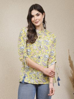 Stylum - Women Yellow Floral Printed Cotton Shirt Style Top