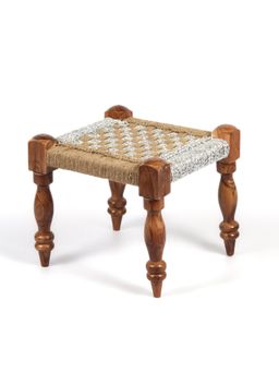 Ikiriya - Riaza Sheesham Wood Maachi Stool in Natural Jute & Silver Rope Canning (1 Year Warranty)