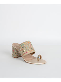SCENTRA - Mira Floral Kolhapuri Block Heels Beige