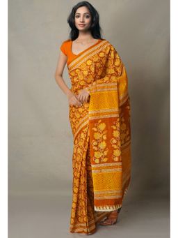 Unnati Silks - Rust Pure Krisha Block Printed Cotton Saree with Unstitched Blouse