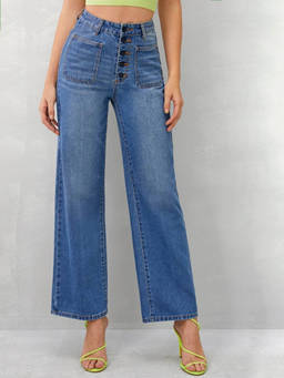 KOTTY - Women's High Waist Flared Fit Ankle Length Clean Look Blue Denim Jeans