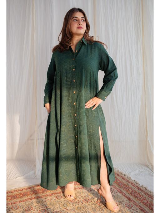 Buy The Indian Ethnic Co. Dark Green Ajrakh Cotton Maxi Dress Online