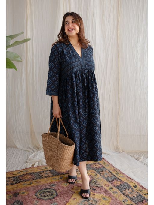 knee length dresses for ladies Green and White Printed Dress | Harmony Hues