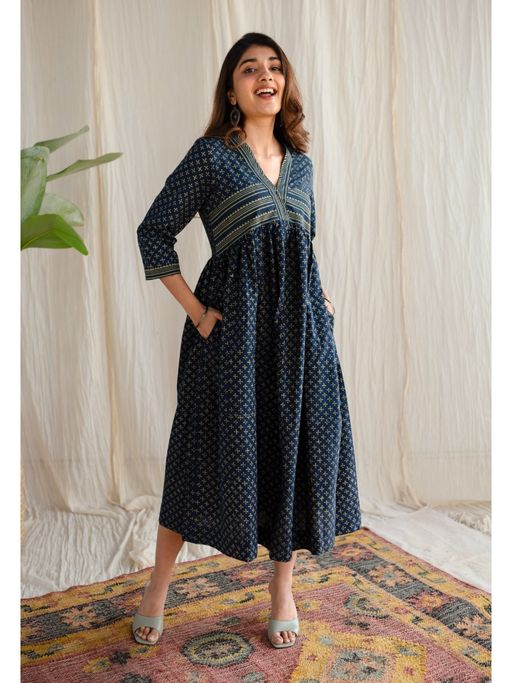 knee length dresses for ladies Printed Cotton A-Line Midi Dress – Stylish Tie-Ups & 3/4 Sleeves – AROMIE main image 1