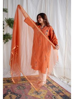 The Indian Ethnic Co. - Rust Orange Kota Doria Cotton Dupatta