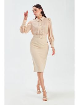 Sateen - Beige Solid Pattern Skirt with Belt
