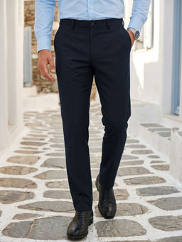 Louis Philippe - Men Navy Blue Textured Flat Front Formal Trousers