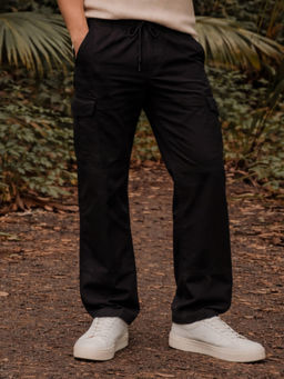 Louis Philippe - Men Black Solid Flat Front Cargo Trousers