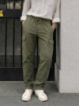Louis Philippe - Men Olive Solid Flat Front Cargo Trousers