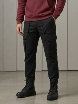 Louis Philippe - Men Black Solid Flat Front Cargo Trousers