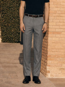 Louis Philippe - Men Grey Solid Flat Front Formal Trouser