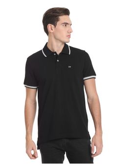 Arrow Sports - Men Black Tipped Collar Solid Pique Polo T-Shirt