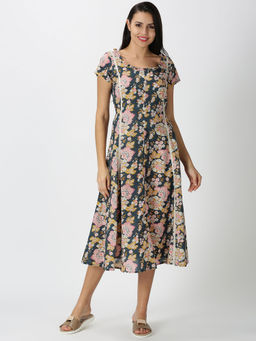 Saffron Threads - Charcoal Grey Floral Printed Back Closure Midi Dress