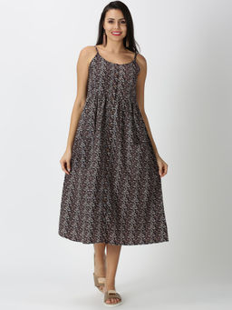Saffron Threads - Black Kalamkari Printed Midi Dress with Two Front Pockets