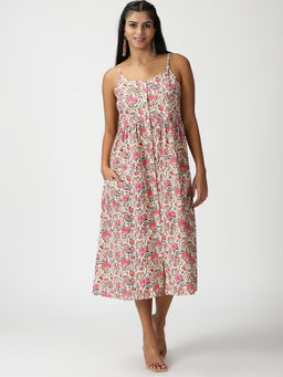 Saffron Threads - Cream Pink Floral Print Cotton Button Fly Strappy Midi Dress