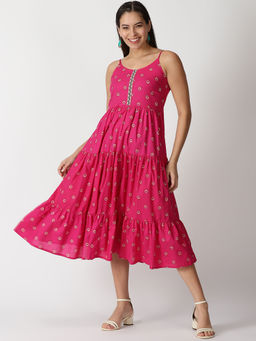 Saffron Threads - Pink Ethnic Motifs Printed Tiered Strappy Midi Dress