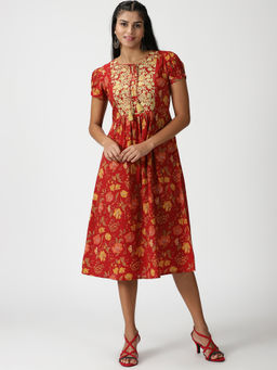 Saffron Threads - Red Floral Printed A-Line Midi Dress with Yoke Embroidered Neck