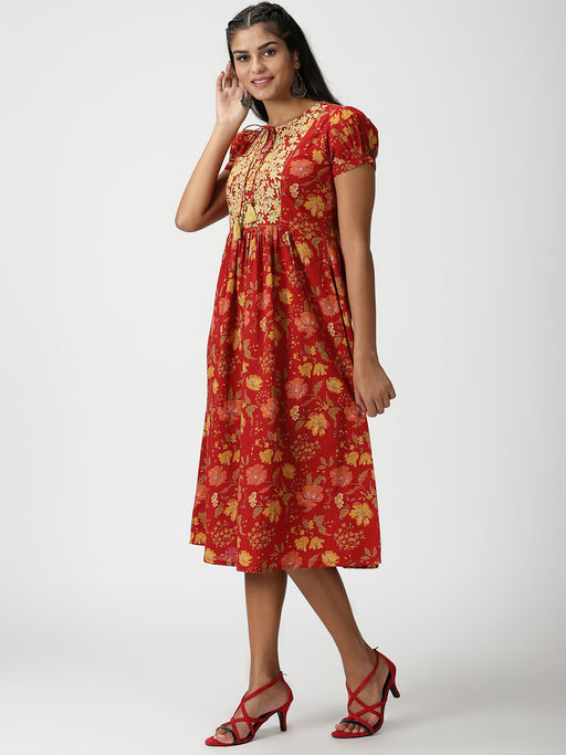 Buy Saffron Threads Red Floral Printed A-Line Midi Dress with Yoke  Embroidered Neck Online