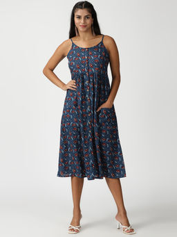 Saffron Threads - Blue Floral Print Cotton Button Fly Strappy Midi Dress