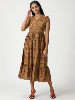 Saffron Threads - Mustard Floral Printed Midi Dress with Flounce Hem