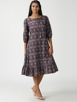 Saffron Threads - Purple Floral Printed Midi Dress with Flounce Hem