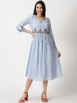 Saffron Threads - Pastel Blue Empire Midi Dress with Embroidered Details
