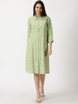 Saffron Threads - Pastel Green Printed Cotton Shirt Knee Length Dress