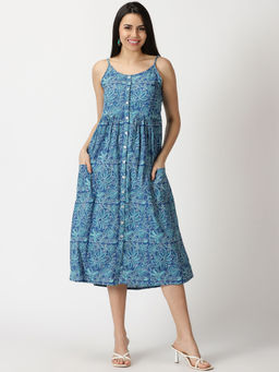 Saffron Threads - Blue Floral Print Cotton Strappy Midi Dress