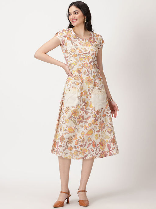 Buy Saffron Threads Off White Yellow Ethnic Floral Print Midi Dress with  Pockets Online