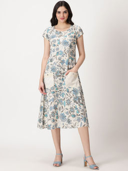 Saffron Threads - Off White - Blue Ethnic Floral Print Midi Dress with Pockets
