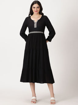Saffron Threads - Black Self Design Tiered Midi Dress with Waist Tie-Up (Set of 2)