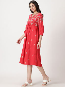 Saffron Threads - Red Boho Embroidered Midi Dress