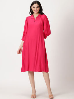 Saffron Threads - Fuchsia Self Design Shirt Collar Knee Length Dress