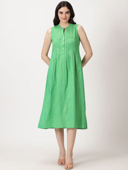 Saffron Threads - Green Cotton Pintuck Pleated Detail Midi Dress